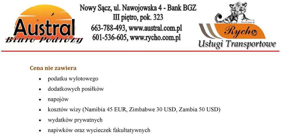 (Namibia 45 EUR, Zimbabwe 30 USD, Zambia 50