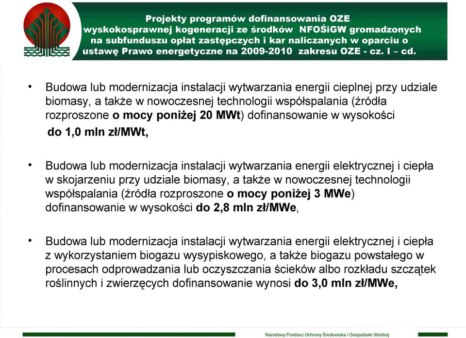 wysokości do 1,0 mln zł/mwt, Budowa lub modernizacja instalacji wytwarzania energii elektrycznej i ciepła w skojarzeniu przy udziale biomasy, a także w nowoczesnej technologii współspalania (źródła