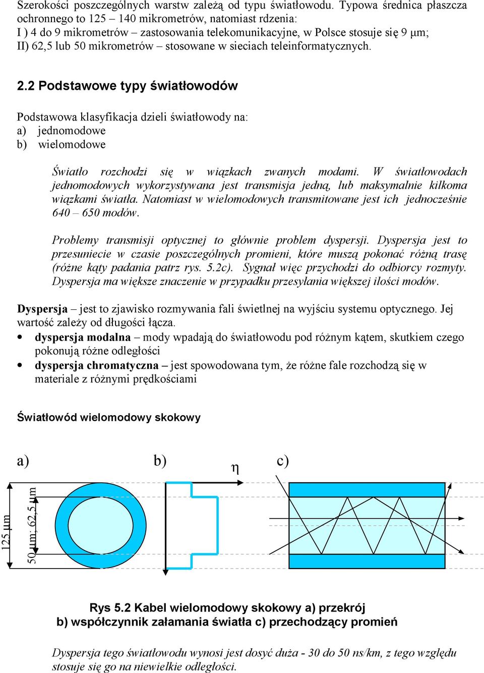 w sieciach teleinformatycznych. 2.2 Podstawowe typy światłowodów Podstawowa klasyfikacja dzieli światłowody na: a) jednomodowe b) wielomodowe Światło rozchodzi się w wiązkach zwanych modami.