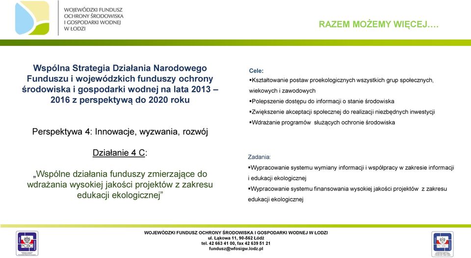 Działanie 4 C: Wspólne działania funduszy zmierzające do wdrażania wysokiej jakości projektów z zakresu edukacji ekologicznej Cele: Kształtowanie postaw proekologicznych wszystkich grup społecznych,