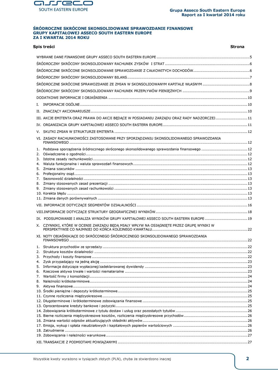 .. 6 ŚRÓDROCZNY SKRÓCONY SKONSOLIDOWANY BILANS... 7 ŚRÓDROCZNE SKRÓCONE SPRAWOZDANIE ZE ZMIAN W SKONSOLIDOWANYM KAPITALE WŁASNYM... 8 ŚRÓDROCZNY SKRÓCONY SKONSOLIDOWANY RACHUNEK PRZEPŁYWÓW PIENIĘŻNYCH.