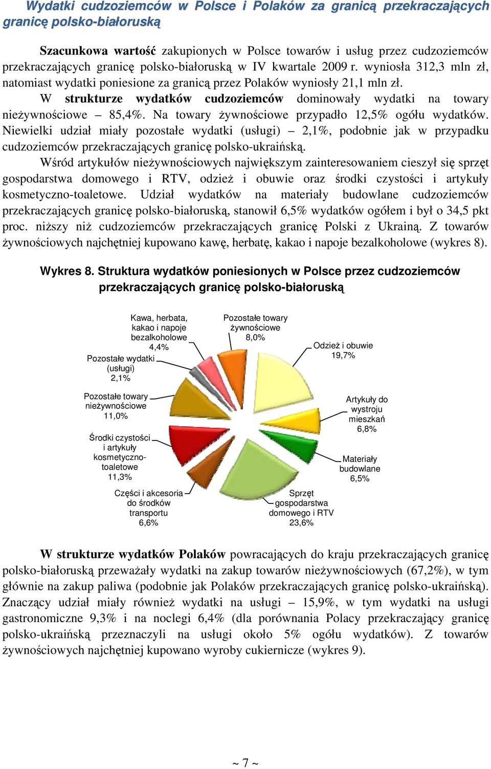 W strukturze wydatków cudzoziemców dominowały wydatki na towary nieżywnościowe 85,4%. Na towary żywnościowe przypadło 12,5% ogółu wydatków.