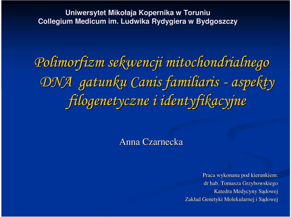 Canis familiaris - aspekty filogenetyczne i identyfikacyjne Anna Czarnecka Praca