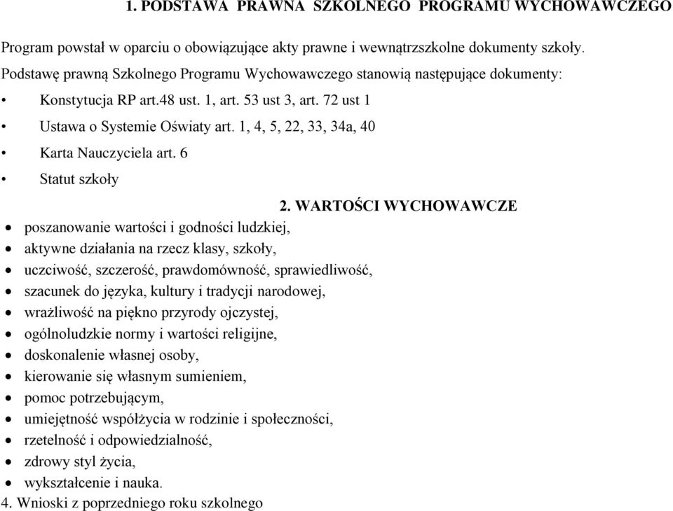 1, 4, 5, 22, 33, 34a, 40 Karta Nauczyciela art. 6 Statut szkoły 2.