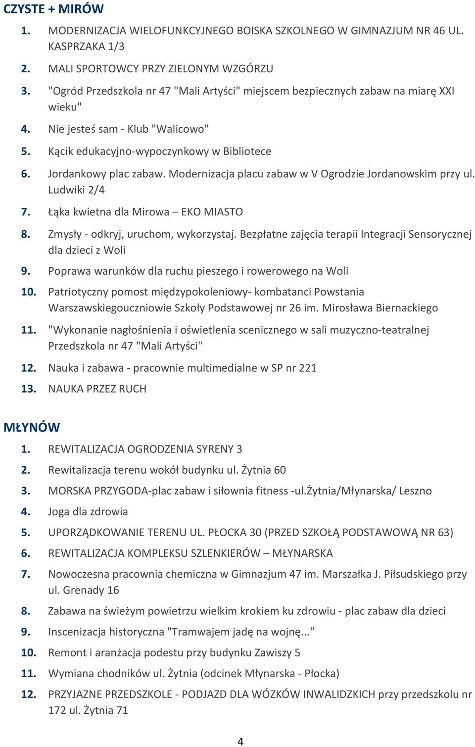 Modernizacja placu zabaw w V Ogrodzie Jordanowskim przy ul. Ludwiki 2/4 7. Łąka kwietna dla Mirowa EKO MIASTO 8. Zmysły - odkryj, uruchom, wykorzystaj.