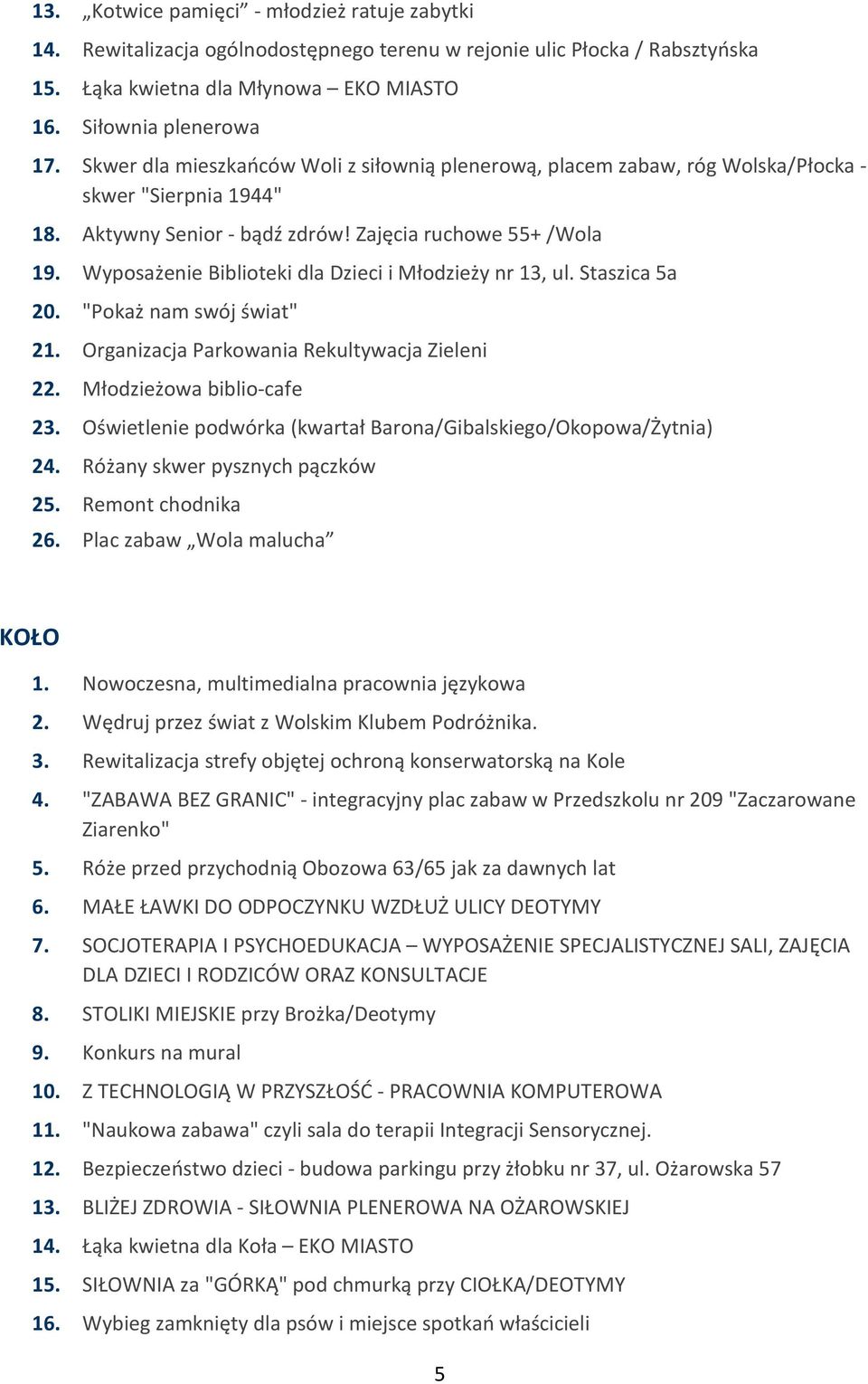 Wyposażenie Biblioteki dla Dzieci i Młodzieży nr 13, ul. Staszica 5a 20. "Pokaż nam swój świat" 21. Organizacja Parkowania Rekultywacja Zieleni 22. Młodzieżowa biblio cafe 23.