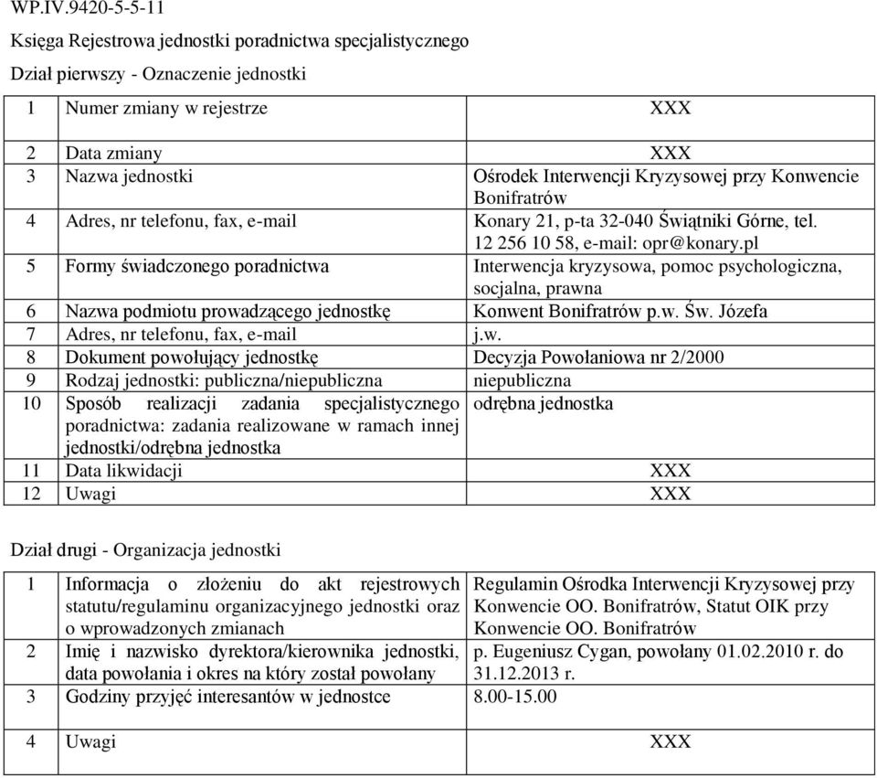 Świątniki Górne, tel. 12 256 10 58, e-mail: opr@konary.