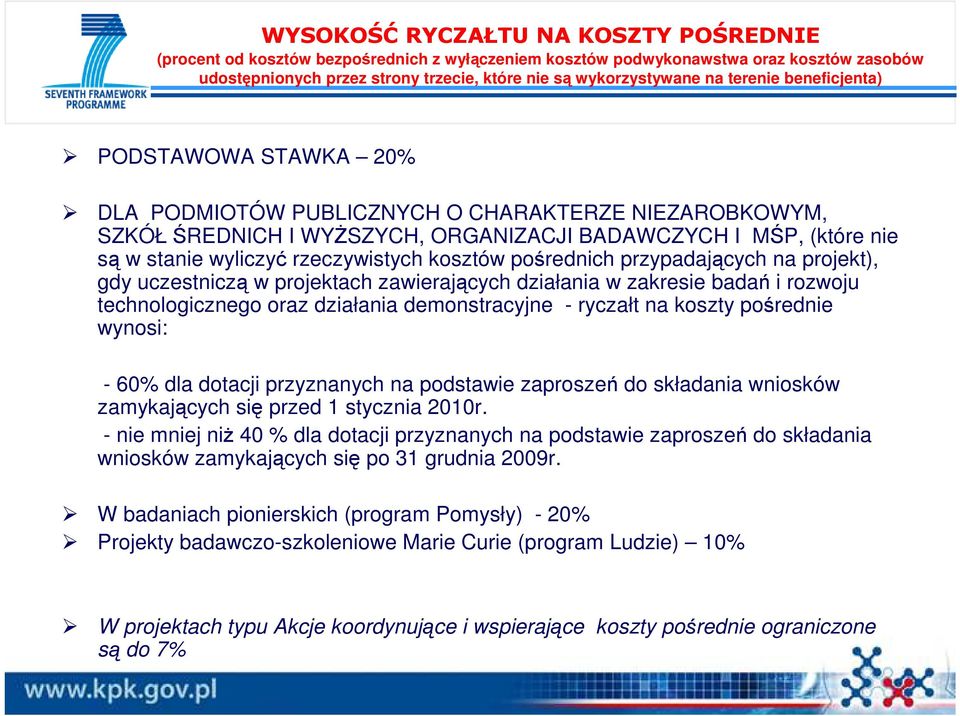 rzeczywistych kosztów pośrednich przypadających na projekt), gdy uczestniczą w projektach zawierających działania w zakresie badań i rozwoju technologicznego oraz działania demonstracyjne - ryczałt