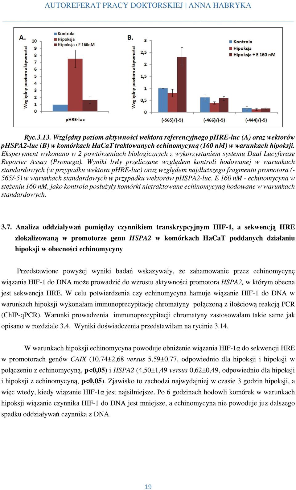 Wyniki były przeliczane względem kontroli hodowanej w warunkach standardowych (w przypadku wektora phre-luc) oraz względem najdłuższego fragmentu promotora (- 565/-5) w warunkach standardowych w