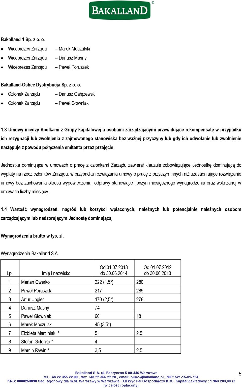 odwołanie lub zwolnienie następuje z powodu połączenia emitenta przez przejęcie Jednostka dominująca w umowach o pracę z członkami Zarządu zawierał klauzule zobowiązujące Jednostkę dominującą do