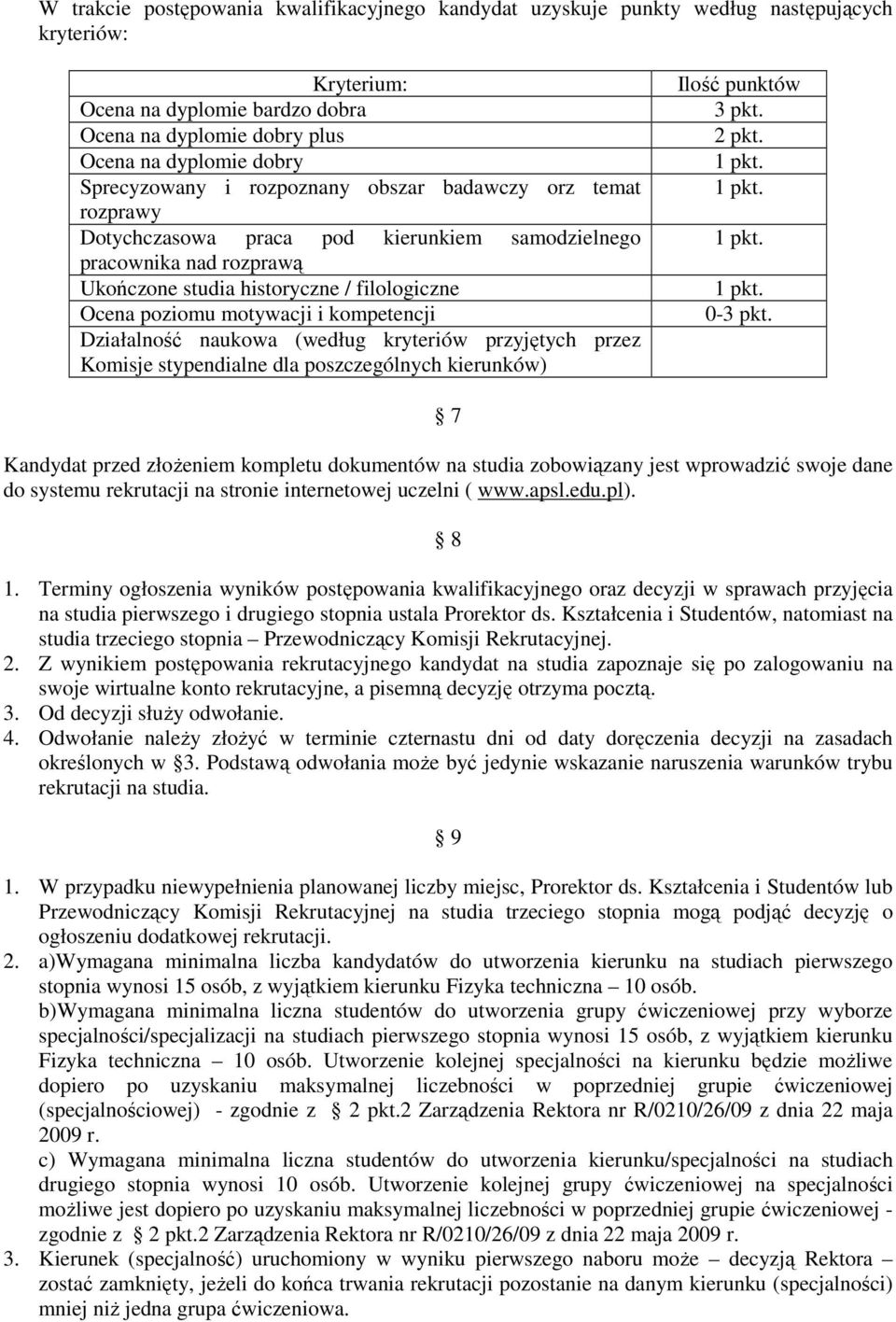 motywacji i kompetencji Działalność naukowa (według kryteriów przyjętych przez Komisje stypendialne dla poszczególnych kierunków) Ilość punktów 3 pkt. 2 pkt. 1 pkt. 1 pkt. 1 pkt. 1 pkt. 0-3 pkt.