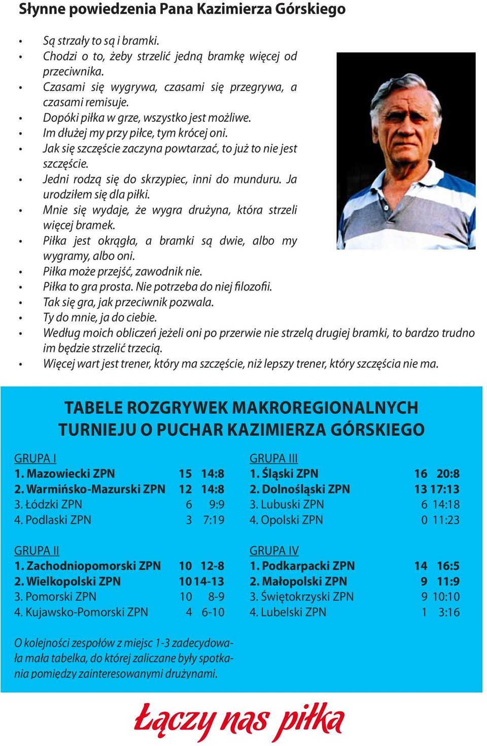 Ja urodziłem się dla piłki. Mnie się wydaje, że wygra drużyna, która strzeli więcej bramek. Piłka jest okrągła, a bramki są dwie, albo my wygramy, albo oni. Piłka może przejść, zawodnik nie.