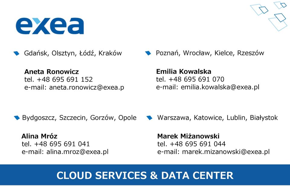 kowalska@exea.pl Bydgoszcz, Szczecin, Gorzów, Opole Warszawa, Katowice, Lublin, Białystok Alina Mróz tel.