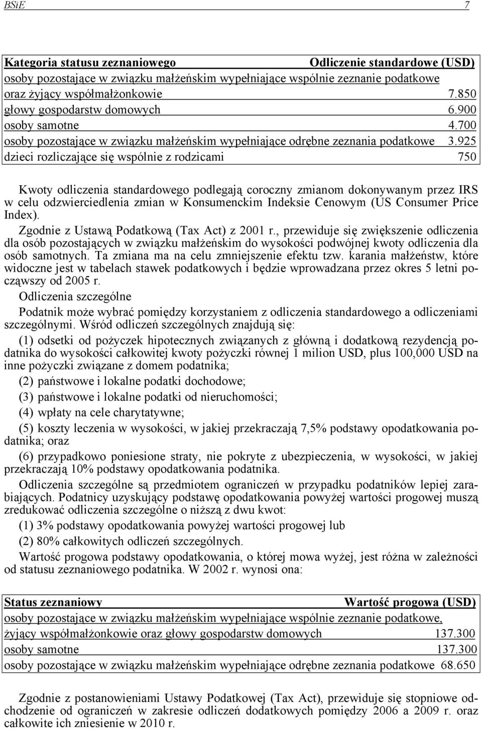 925 dzieci rozliczające się wspólnie z rodzicami 750 Kwoty odliczenia standardowego podlegają coroczny zmianom dokonywanym przez IRS w celu odzwierciedlenia zmian w Konsumenckim Indeksie Cenowym (US