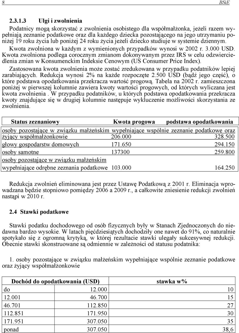 19 roku życia lub poniżej 24 roku życia jeżeli dziecko studiuje w systemie dziennym. Kwota zwolniona w każdym z wymienionych przypadków wynosi w 2002 r. 3.000 USD.