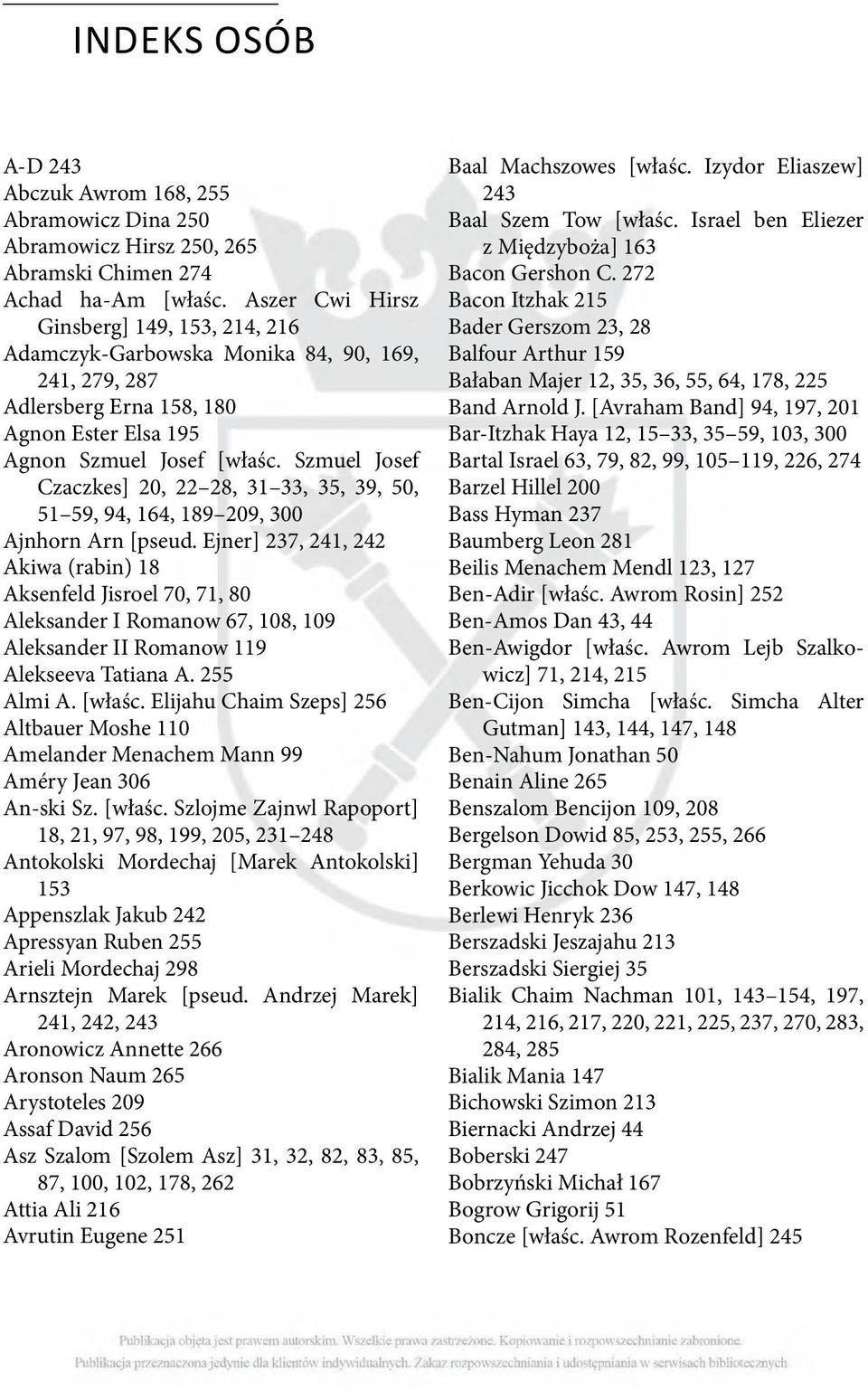 Szmuel Josef Czaczkes] 20, 22 28, 31 33, 35, 39, 50, 51 59, 94, 164, 189 209, 300 Ajnhorn Arn [pseud.