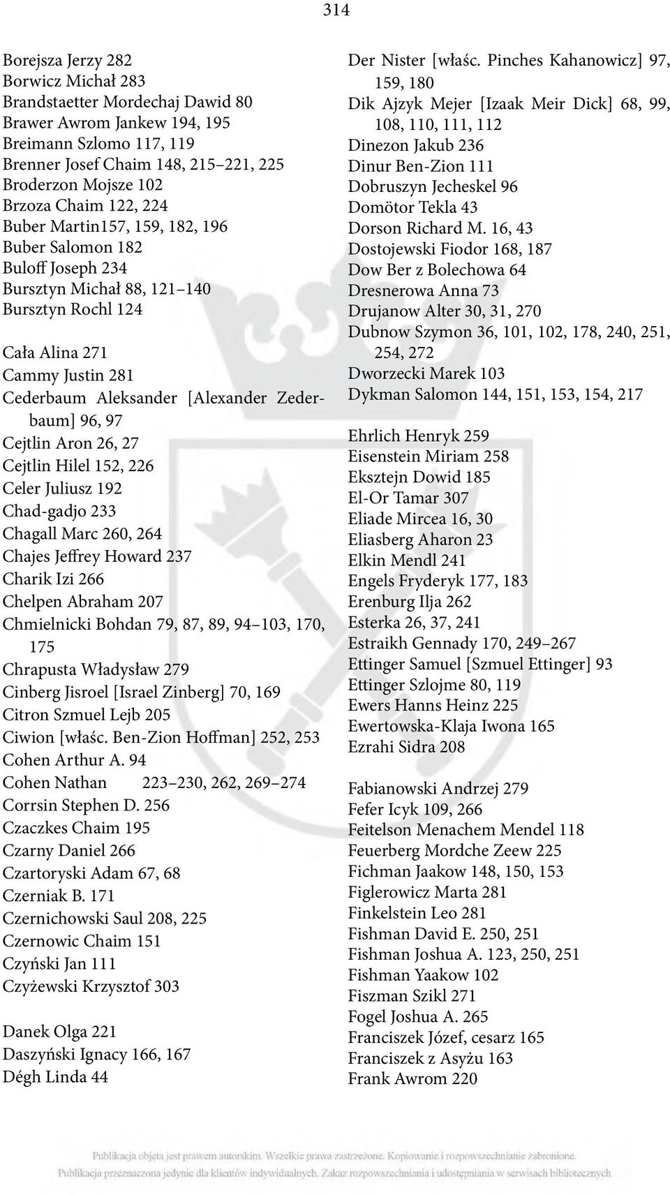 Zederbaum] 96, 97 Cejtlin Aron 26, 27 Cejtlin Hilel 152, 226 Celer Juliusz 192 Chad-gadjo 233 Chagall Marc 260, 264 Chajes Jeffrey Howard 237 Charik Izi 266 Chelpen Abraham 207 Chmielnicki Bohdan 79,