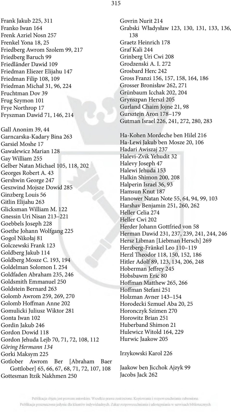 Gay William 255 Gelber Natan Michael 105, 118, 202 Georges Robert A. 43 Gershwin George 247 Geszwind Mojsze Dowid 285 Ginzberg Louis 56 Gitlin Elijahu 263 Glicksman William M.