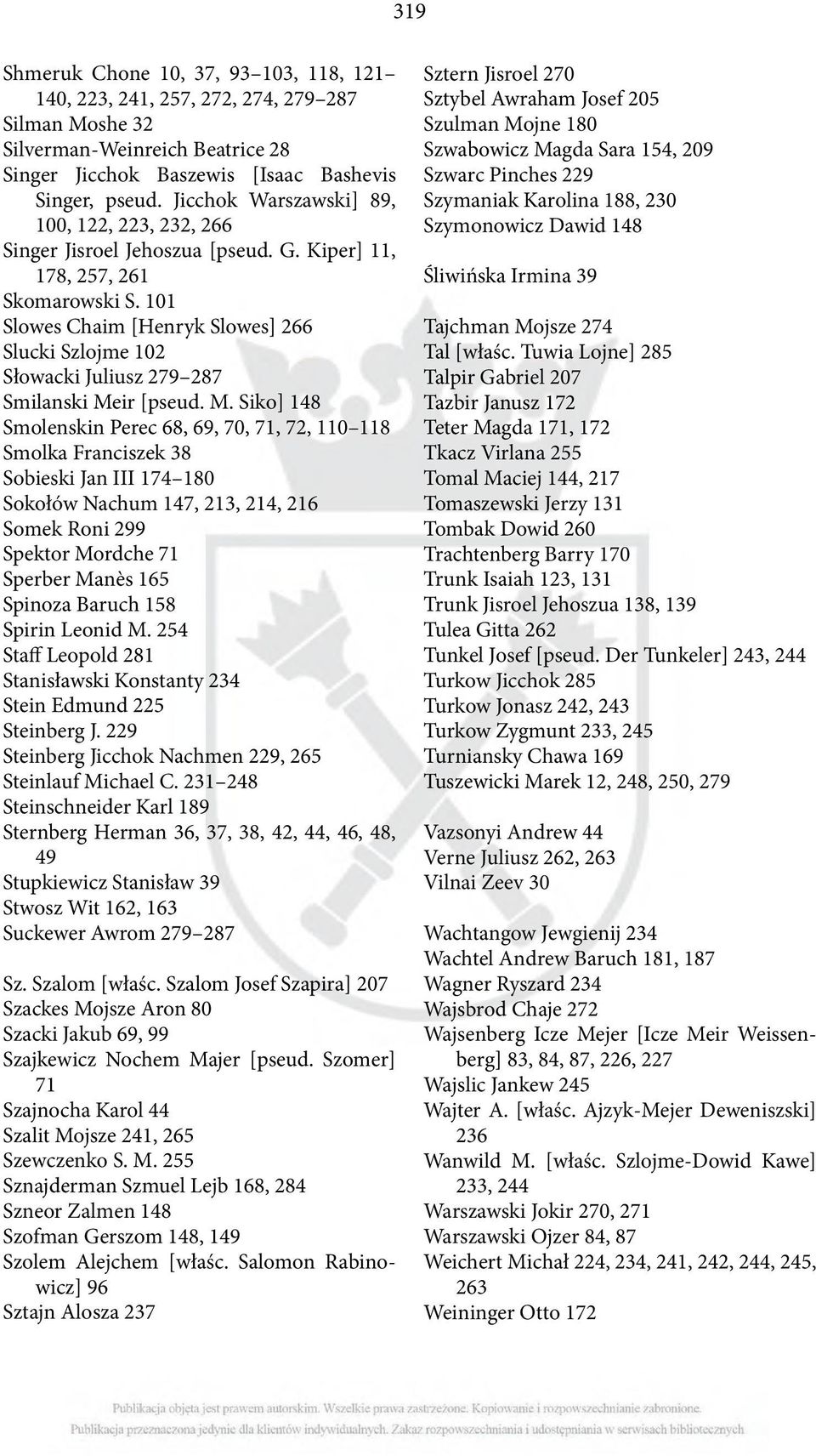 101 Slowes Chaim [Henryk Slowes] 266 Slucki Szlojme 102 Słowacki Juliusz 279 287 Smilanski Me