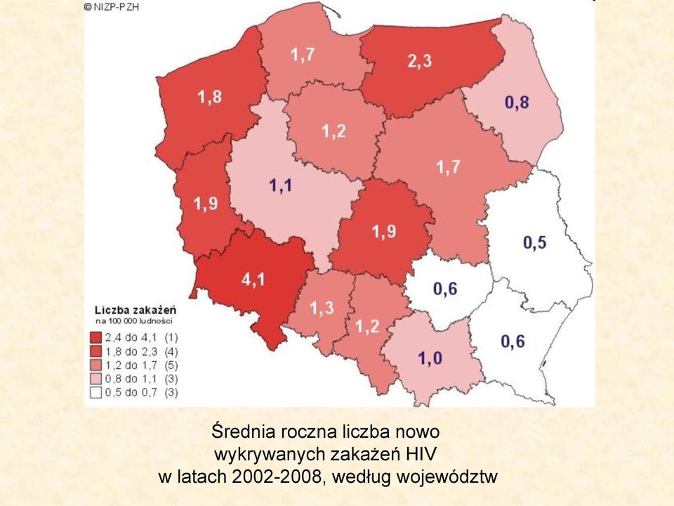 zakażeń HIV w latach