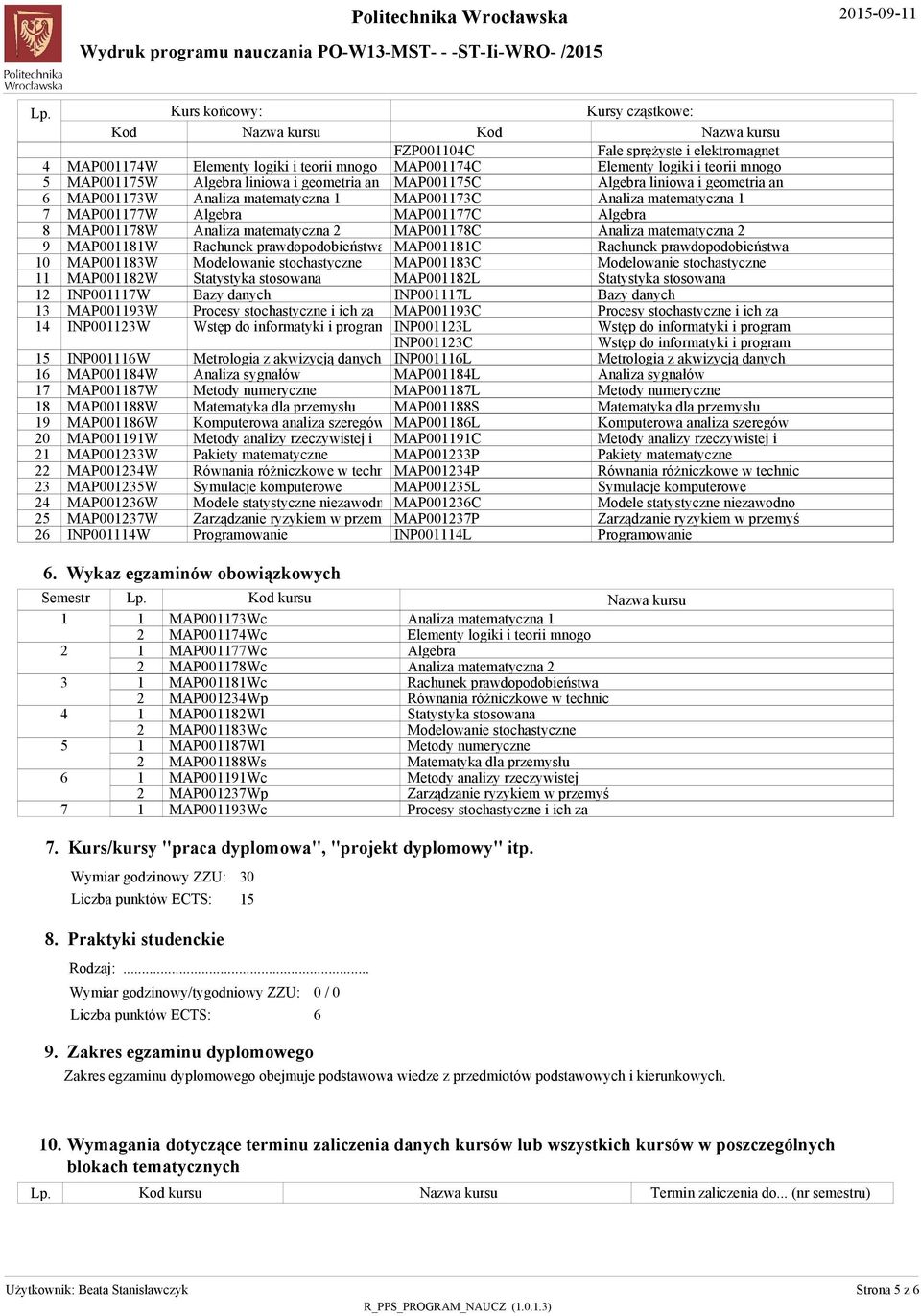 Modeloanie tochatyczne Statytyka tooana Bazy danych Procey tochatyczne i ich za Wtęp do informatyki i program Metrologia z akizycją danych Analiza ygnałó Matematyka dla przemyłu Komputeroa analiza