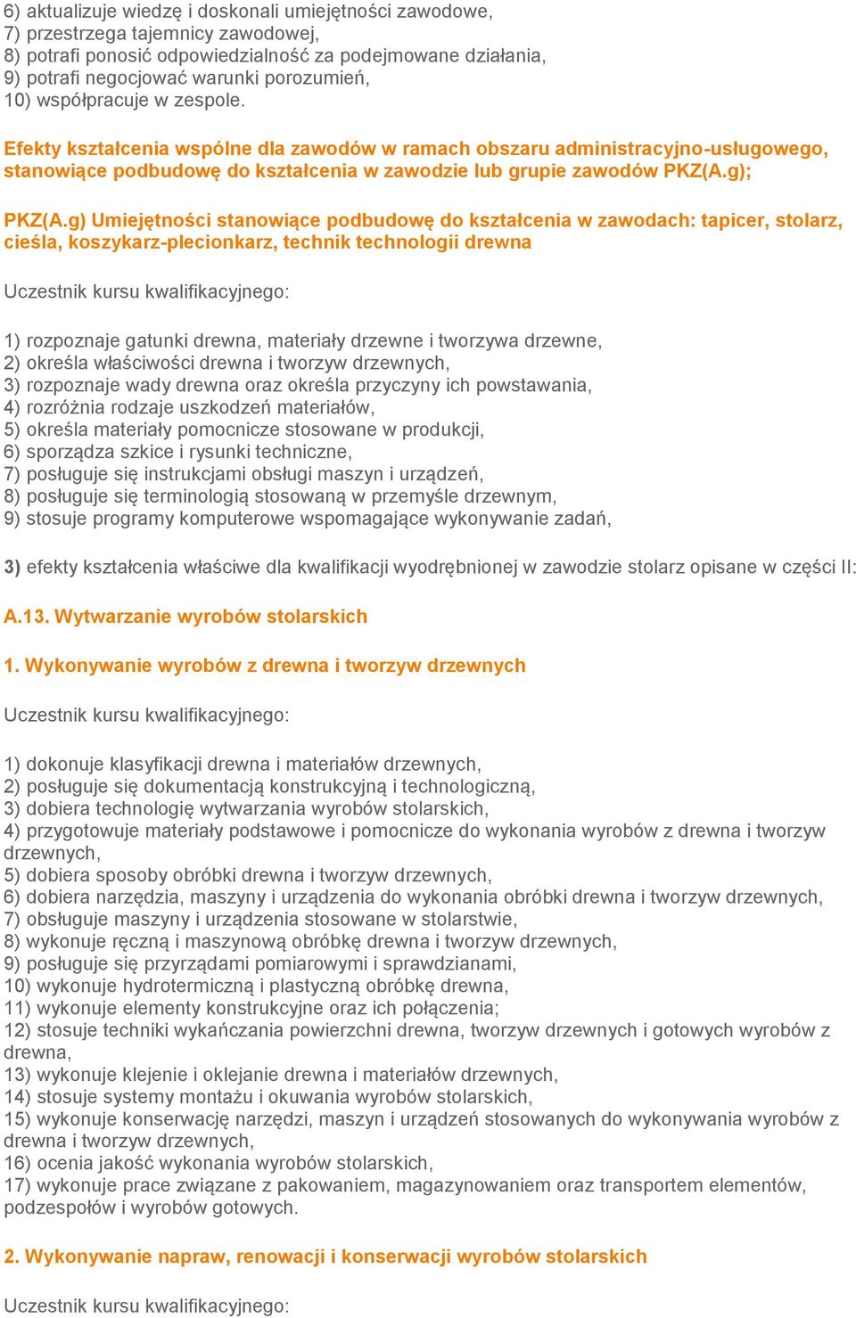 g) Umiejętności stanowiące podbudowę do kształcenia w zawodach: tapicer, stolarz, cieśla, koszykarz-plecionkarz, technik technologii drewna 1) rozpoznaje gatunki drewna, materiały drzewne i tworzywa