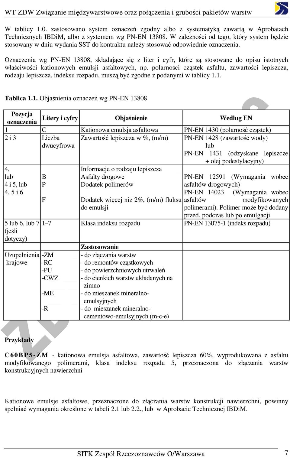 Oznaczenia wg 13808, składające się z liter i cyfr, które są stosowane do opisu istotnych właściwości kationowych emulsji asfaltowych, np.