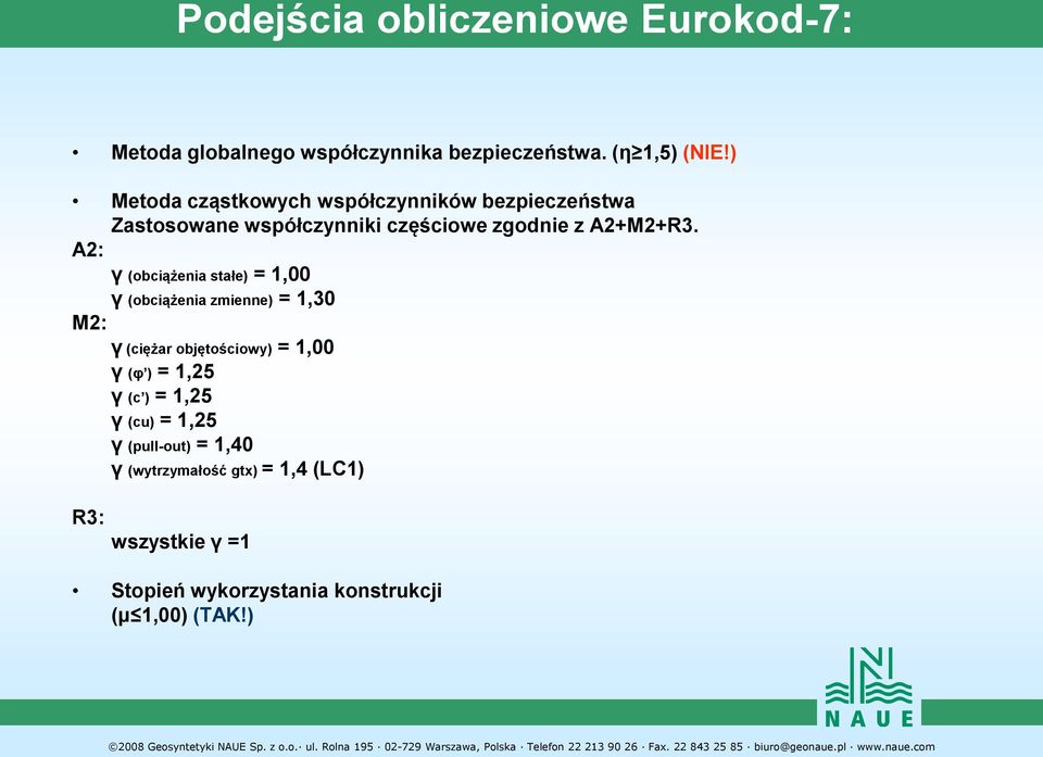 A2: γ (obciążenia stałe) = 1,00 γ (obciążenia zmienne) = 1,30 M2: γ (ciężar objętościowy) = 1,00 γ (φ ) = 1,25 γ (c