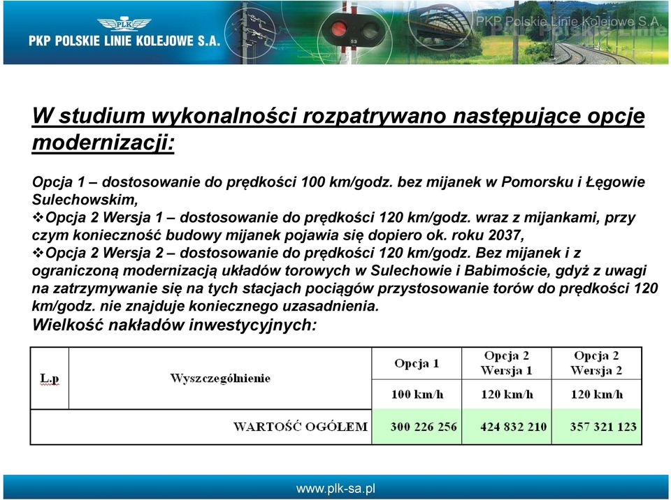 wraz z mijankami, przy czym konieczność budowy mijanek pojawia się dopiero ok. roku 2037, Opcja 2 Wersja 2 dostosowanie do prędkości 120 km/godz.