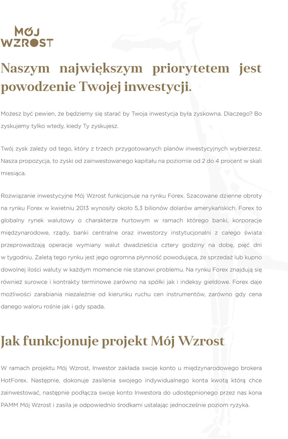 Rozwiązanie inwestycyjne Mój Wzrost funkcjonuje na rynku Forex. Szacowane dzienne obroty na rynku Forex w kwietniu 2013 wynosiły około 5,3 bilionów dolarów amerykańskich.