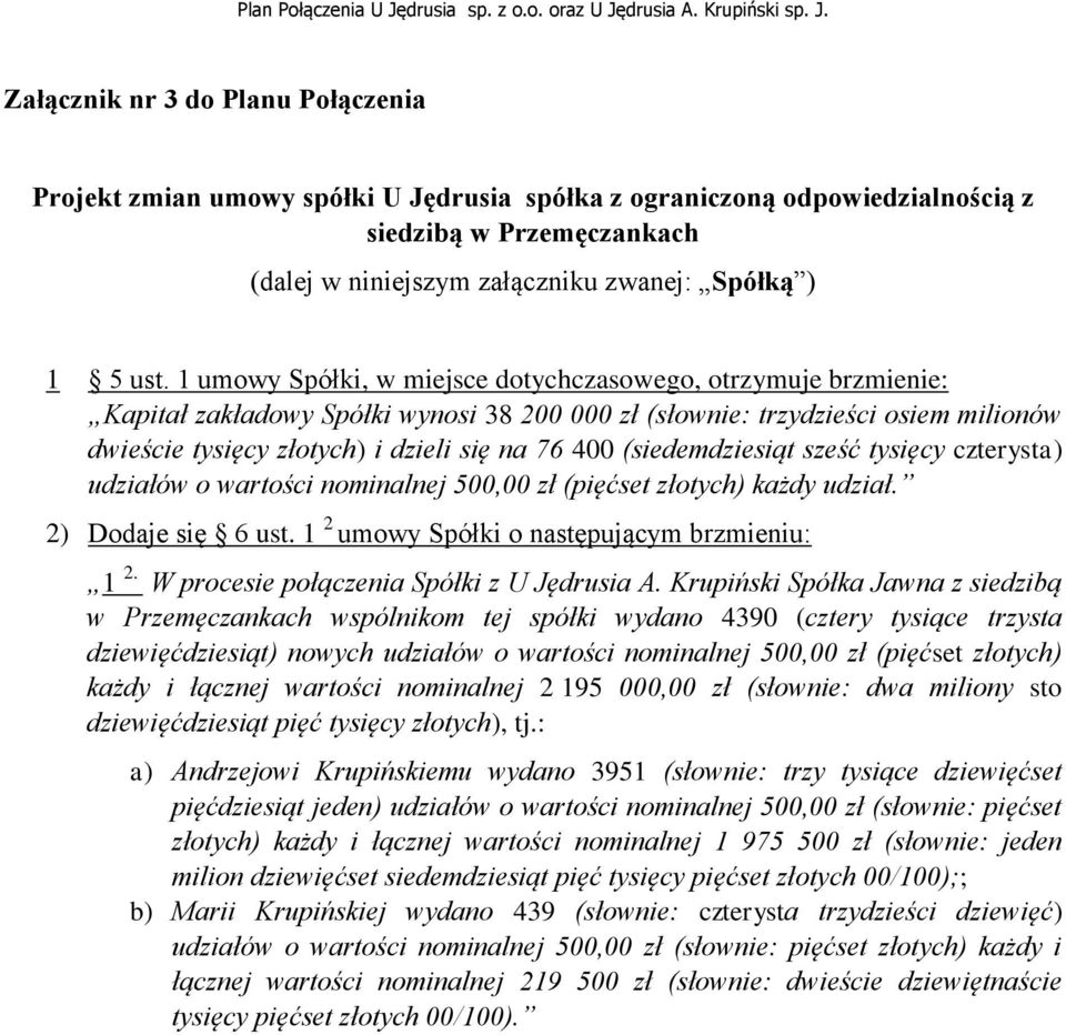 (siedemdziesiąt sześć tysięcy czterysta) udziałów o wartości nominalnej 500,00 zł (pięćset złotych) każdy udział. 2) Dodaje się 6 ust. 1 2 umowy Spółki o następującym brzmieniu: 1 2.