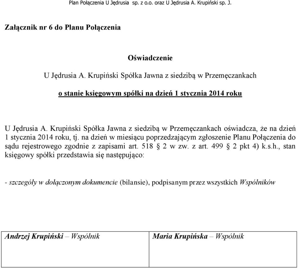Krupiński Spółka Jawna z siedzibą w Przemęczankach oświadcza, że na dzień 1 stycznia 2014 roku, tj.