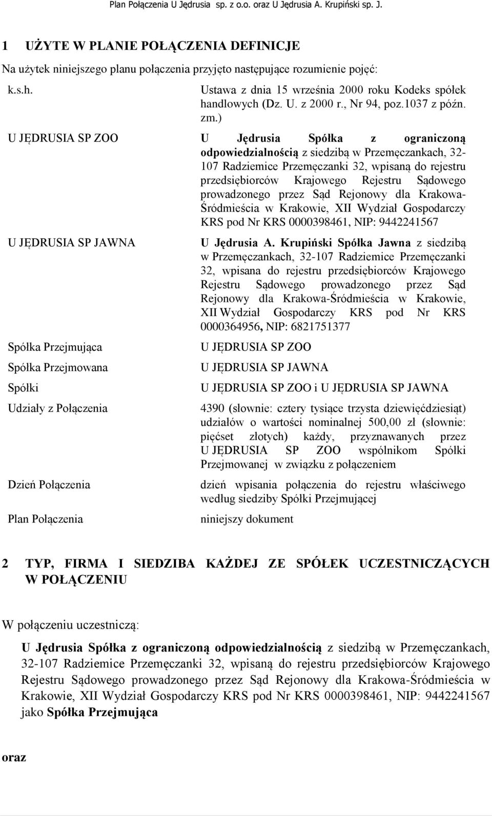 ) U JĘDRUSIA SP ZOO U Jędrusia Spółka z ograniczoną odpowiedzialnością z siedzibą w Przemęczankach, 32-107 Radziemice Przemęczanki 32, wpisaną do rejestru przedsiębiorców Krajowego Rejestru Sądowego