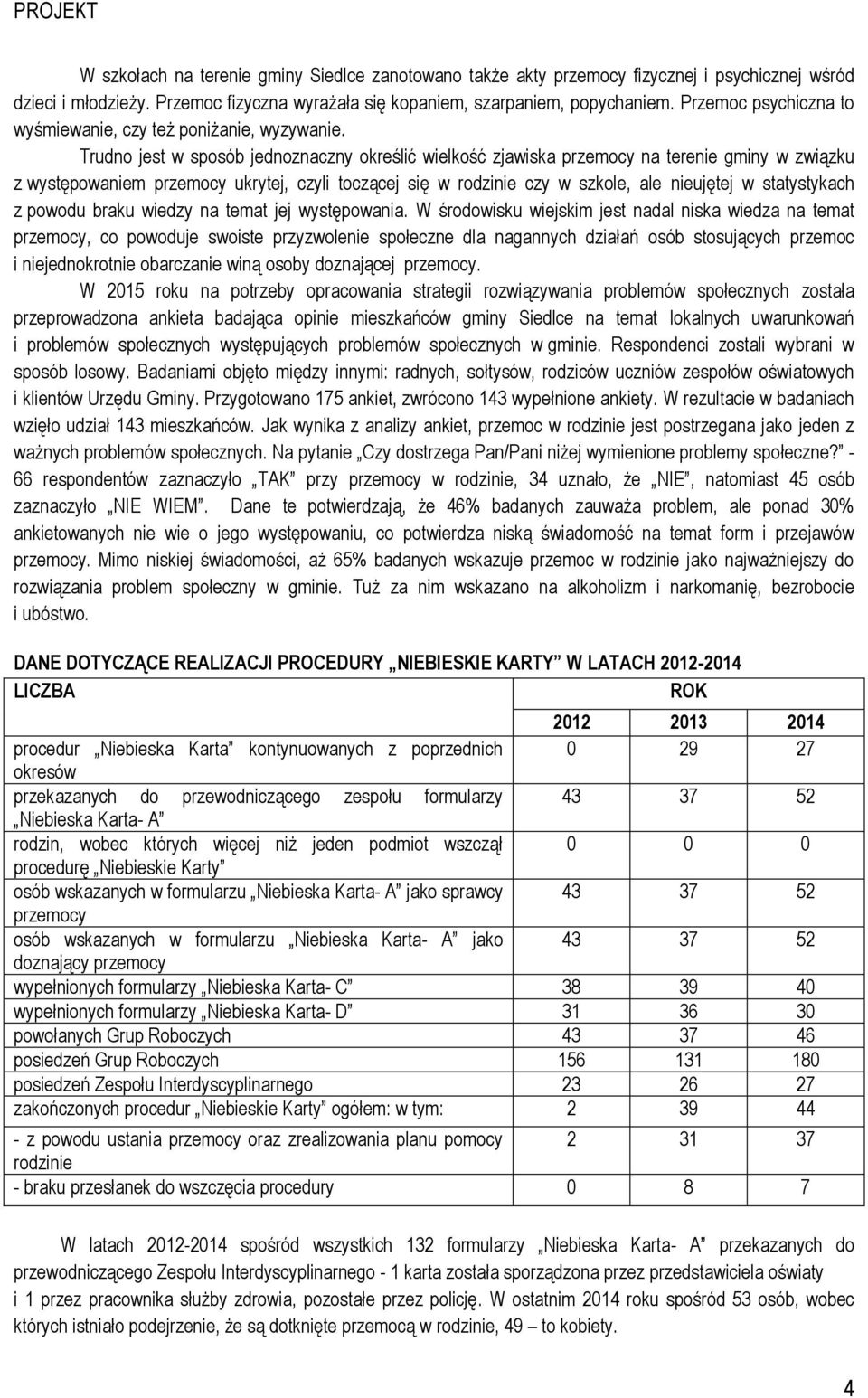 Trudno jest w sposób jednoznaczny określić wielkość zjawiska na terenie gminy w związku z występowaniem ukrytej, czyli toczącej się w rodzinie czy w szkole, ale nieujętej w statystykach z powodu