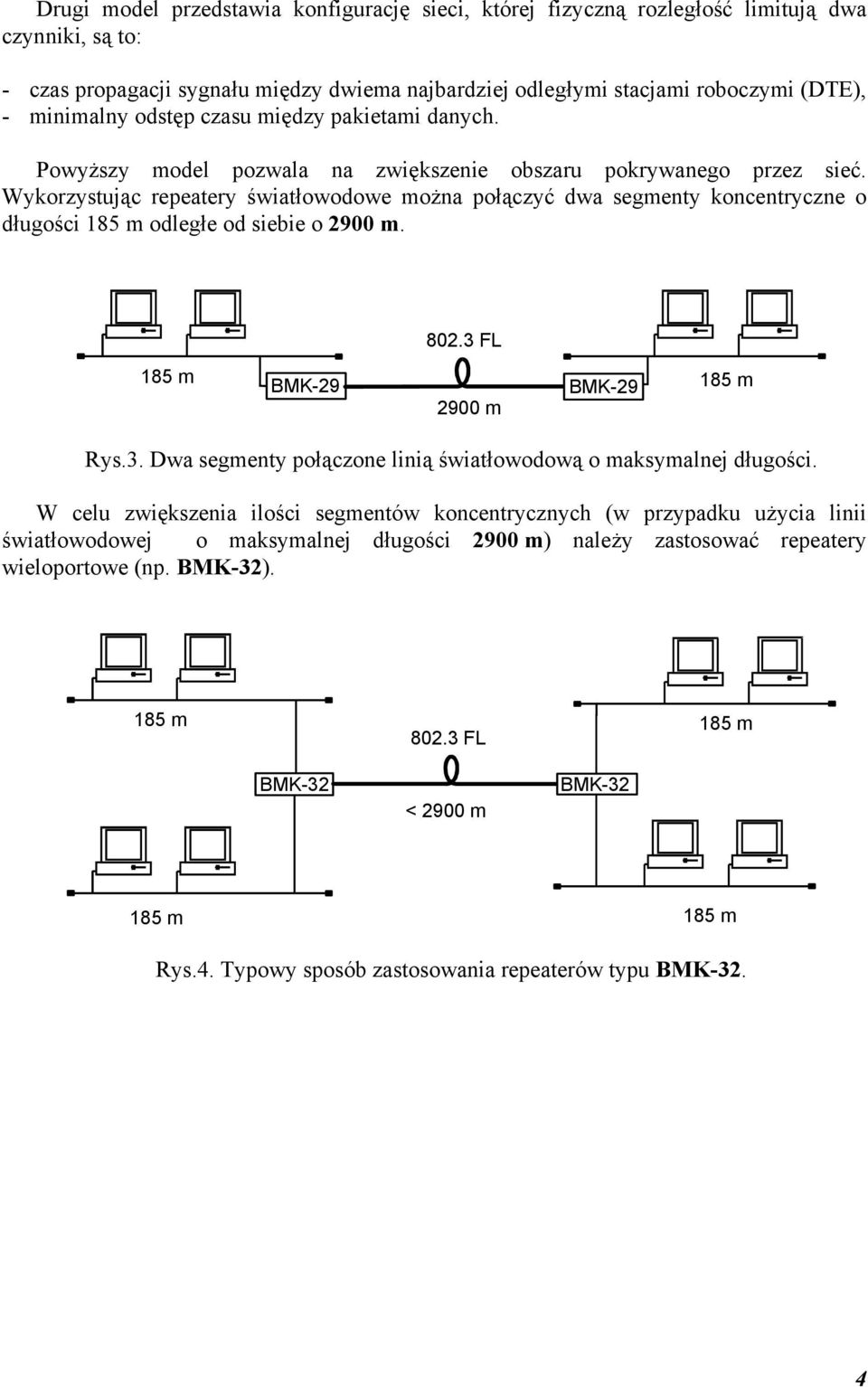 Wykorzystując repeatery światłowodowe można połączyć dwa segmenty koncentryczne o długości odległe od siebie o 2900 m. 802.3 