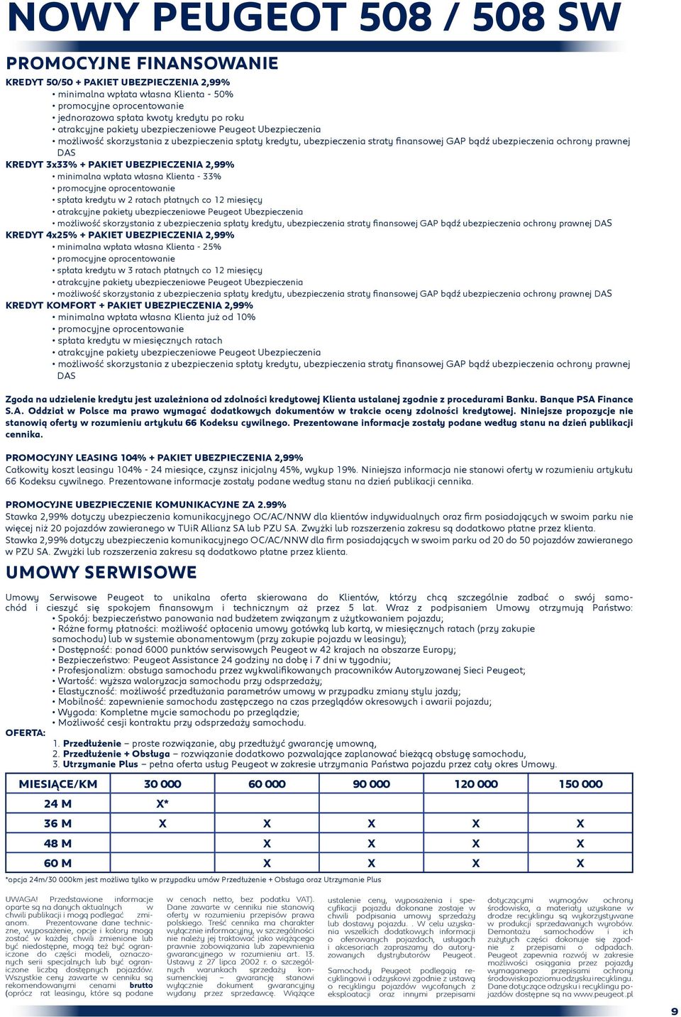 + PAKIET UBEZPIECZENIA 2,99% minimalna wpłata własna Klienta - 33% promocyjne oprocentowanie spłata kredytu w 2 ratach płatnych co 12 miesięcy atrakcyjne pakiety ubezpieczeniowe Peugeot Ubezpieczenia