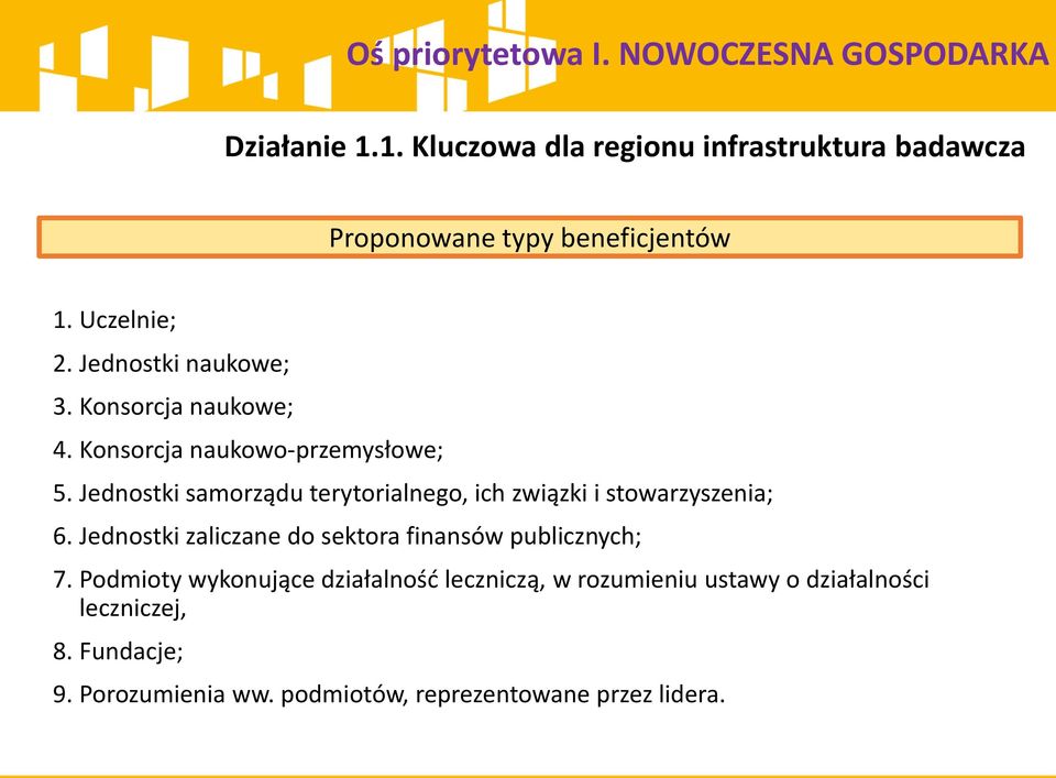 Konsorcja naukowe; 4. Konsorcja naukowo-przemysłowe; 5. Jednostki samorządu terytorialnego, ich związki i stowarzyszenia; 6.