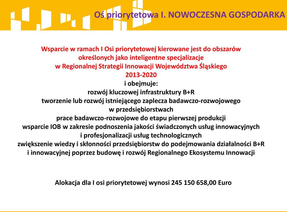 Śląskiego 2013-2020 i obejmuje: rozwój kluczowej infrastruktury B+R tworzenie lub rozwój istniejącego zaplecza badawczo-rozwojowego w przedsiębiorstwach prace badawczo-rozwojowe do