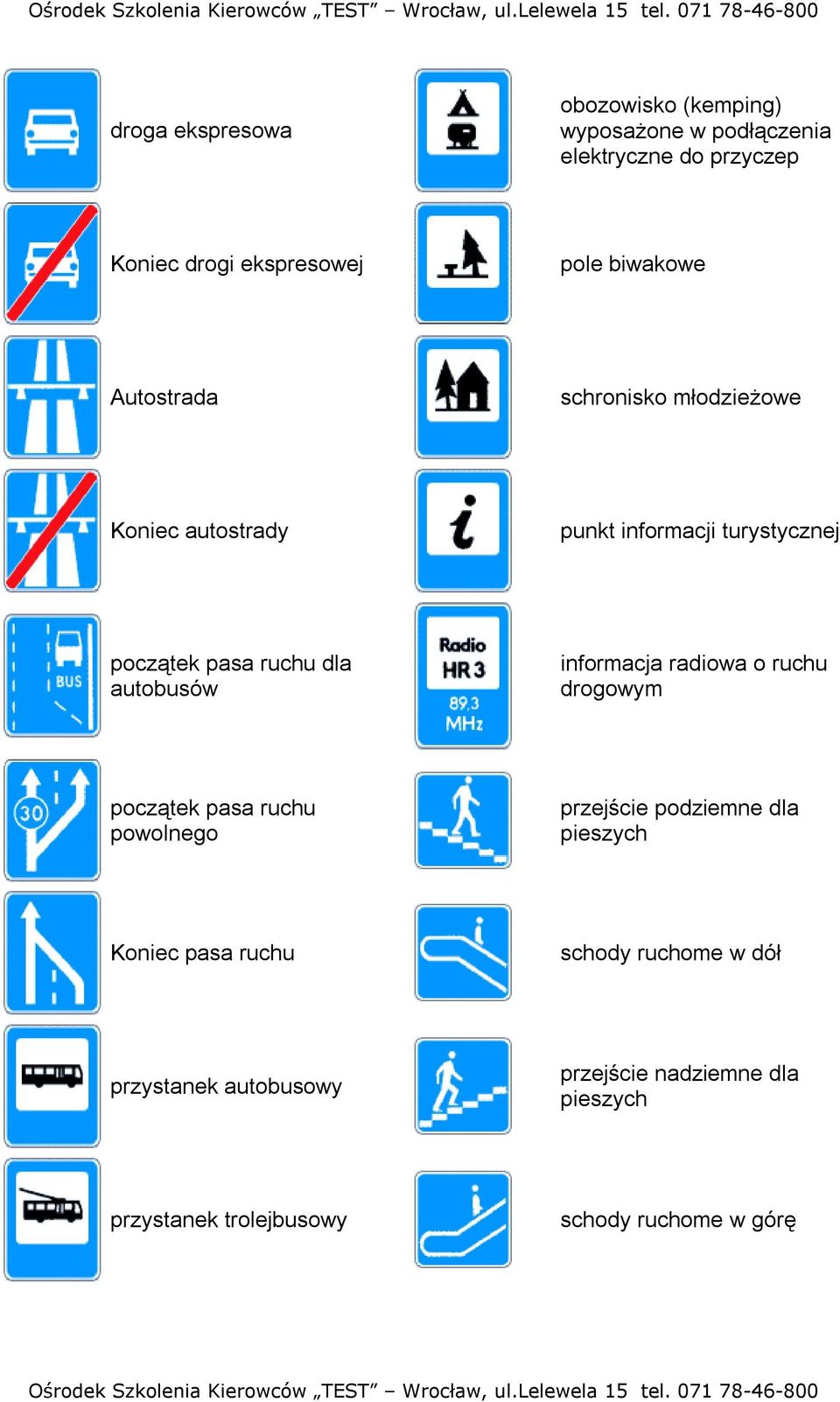 autobusów informacja radiowa o ruchu drogowym początek pasa ruchu powolnego przejście podziemne dla pieszych Koniec