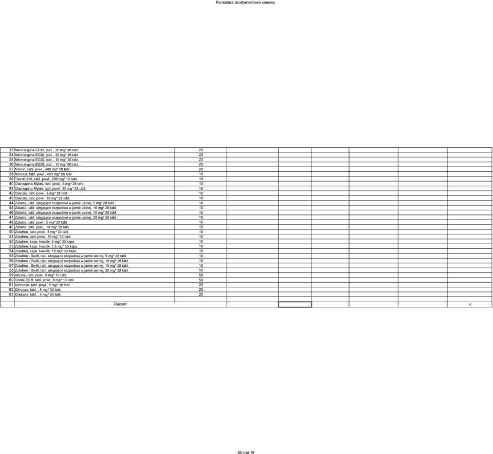 10 41 Olanzapina Mylan, tabl. powl., 10 mg* 28 tabl. 10 42 Olanzin, tabl. powl., 5 mg* 28 tabl. 10 43 Olanzin, tabl. powl., 10 mg* 28 tabl. 10 44 Zalasta, tabl.