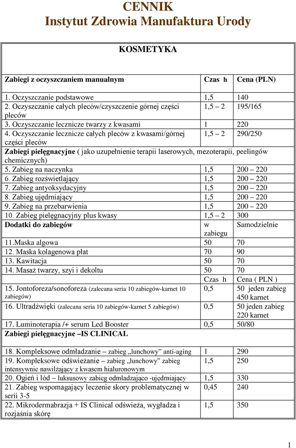 Oczyszczanie lecznicze całych pleców z kwasami/górnej 1,5 2 290/250 części pleców Zabiegi pielęgnacyjne ( jako uzupełnienie terapii laserowych, mezoterapii, peelingów chemicznych) 5.