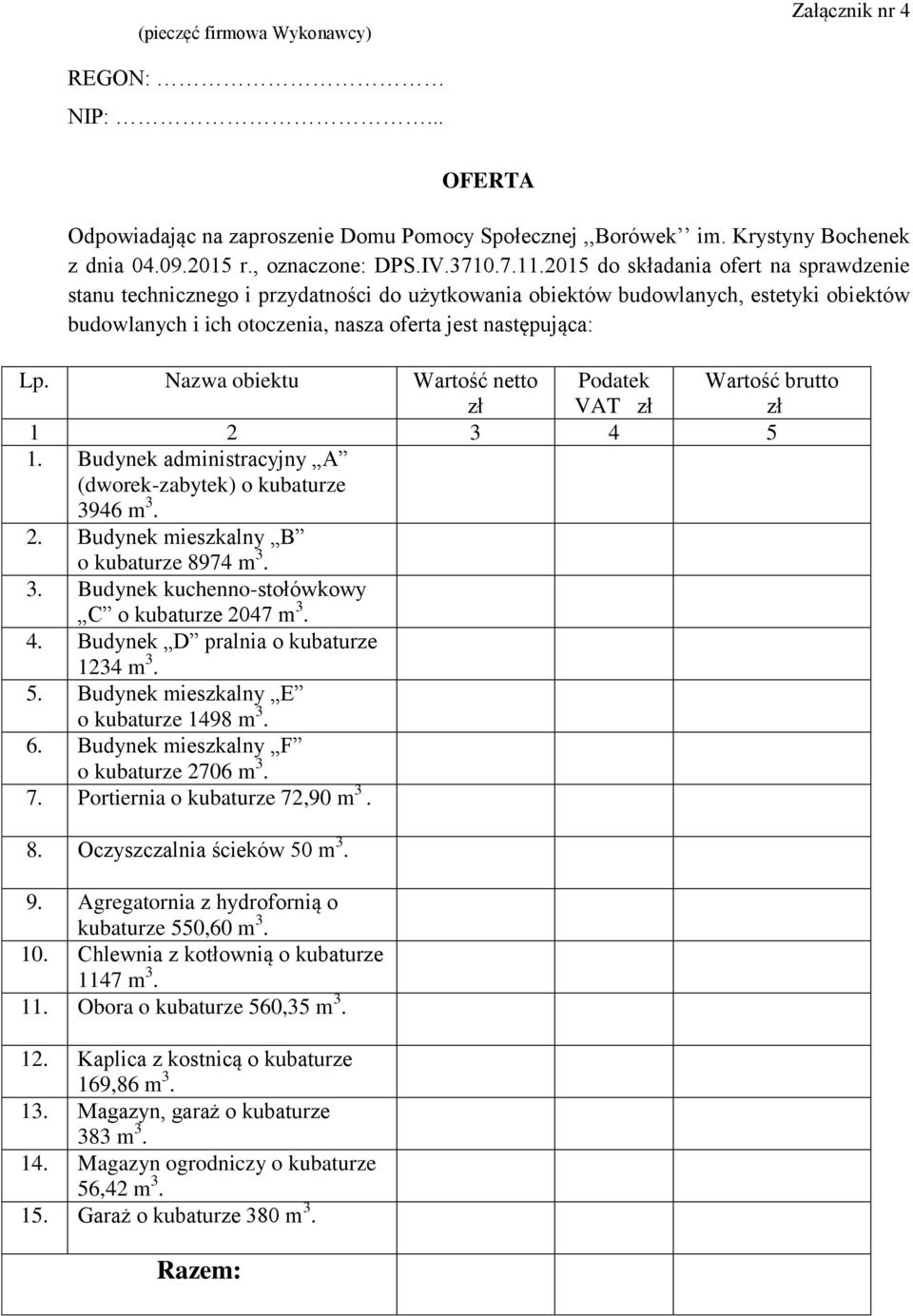 Nazwa obiektu netto VAT brutto 2 3 4 5. Budynek administracyjny A (dworek-zabytek) o kubaturze 3946 m 3. 2. Budynek mieszkalny B o kubaturze 8974 m 3. 3. Budynek kuchenno-stołówkowy C o kubaturze 2047 m 3.