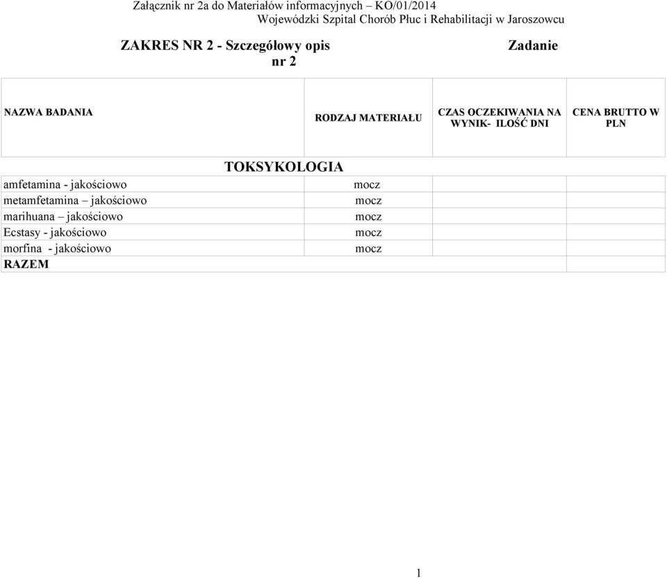 MATERIAŁU CZAS OCZEKIWANIA NA WYNIK- ILOŚĆ DNI CENA BRUTTO W PLN amfetamina - jakościowo