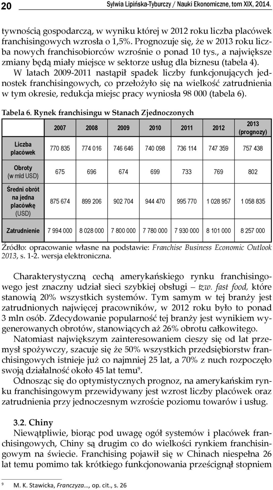 W latach 2009-2011 nastąpił spadek liczby funkcjonujących jednostek franchisingowych, co przełożyło się na wielkość zatrudnienia w tym okresie, redukcja miejsc pracy wyniosła 98 000 (tabela 6).