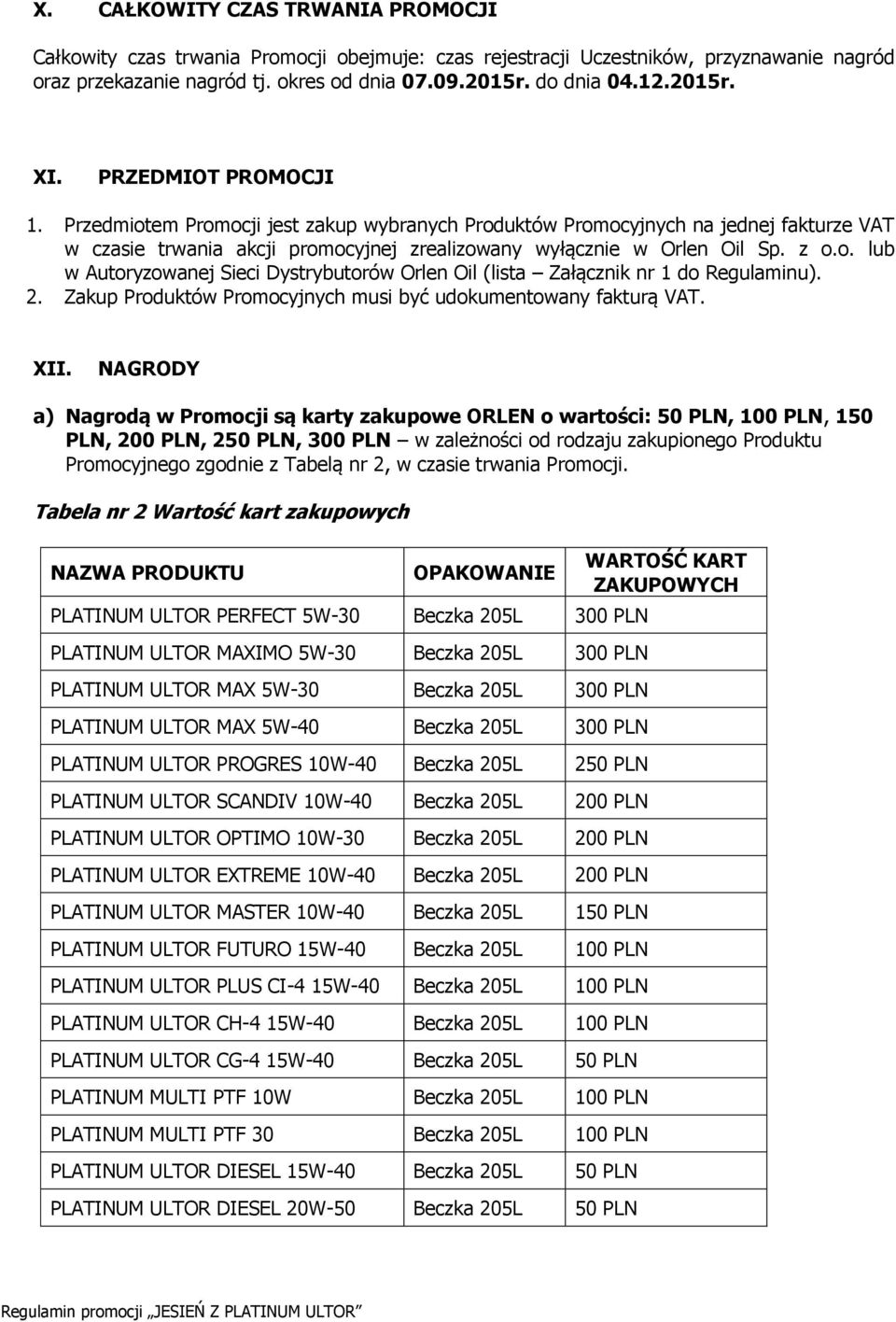 o. lub w Autoryzowanej Sieci Dystrybutorów Orlen Oil (lista Załącznik nr 1 do Regulaminu). 2. Zakup Produktów Promocyjnych musi być udokumentowany fakturą VAT. XII.