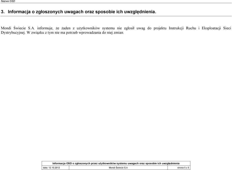 informuje, że żaden z użytkowników systemu nie zgłosił uwag do projektu
