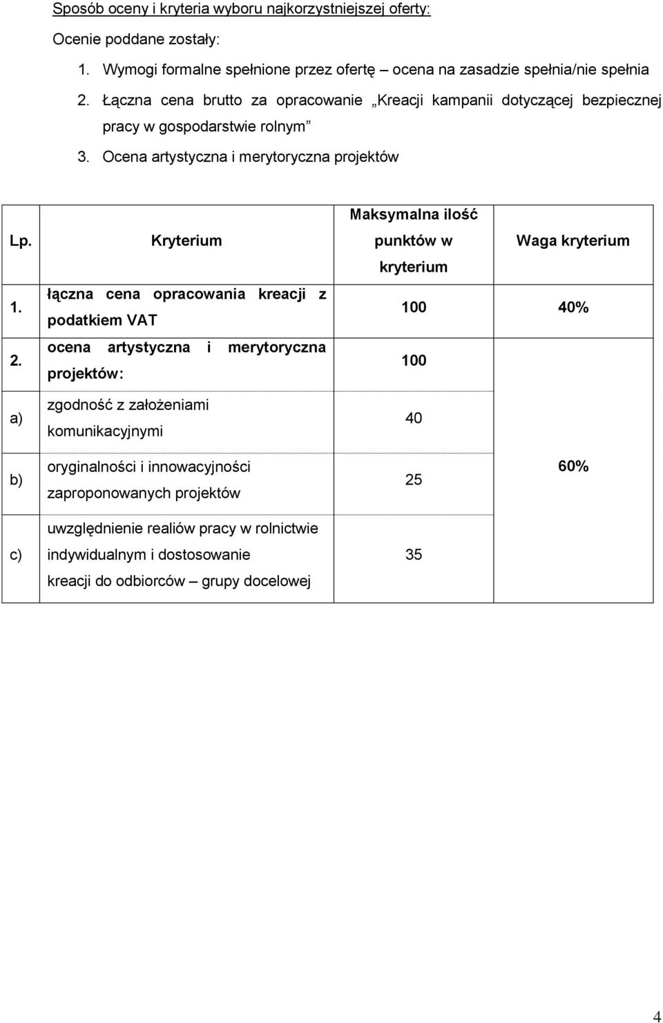 a) Kryterium łączna cena opracowania kreacji z podatkiem VAT ocena artystyczna i merytoryczna projektów: zgodność z założeniami komunikacyjnymi Maksymalna ilość punktów w Waga