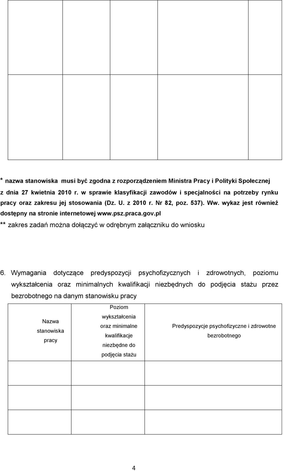 wykaz jest również dostępny na stronie internetowej www.psz.praca.gov.pl ** zakres zadań można dołączyć w odrębnym załączniku do wniosku 6.