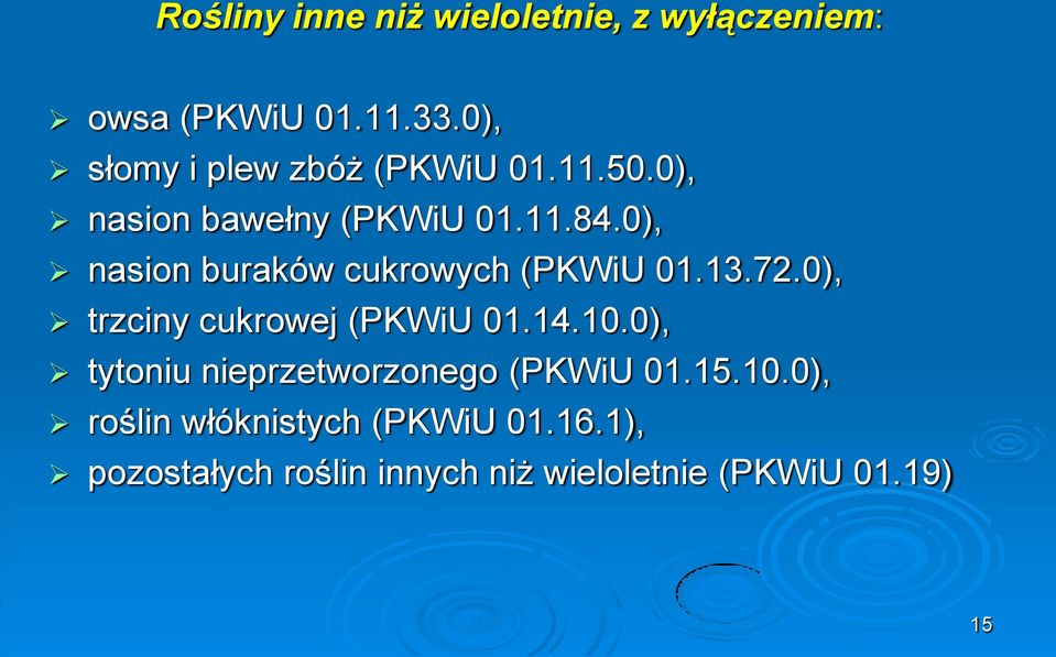 0), nasion buraków cukrowych (PKWiU 01.13.72.0), trzciny cukrowej (PKWiU 01.14.10.