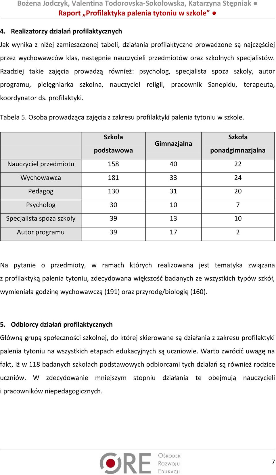 Rzadziej takie zajęcia prowadzą również: psycholog, specjalista spoza szkoły, autor programu, pielęgniarka szkolna, nauczyciel religii, pracownik Sanepidu, terapeuta, koordynator ds. profilaktyki.